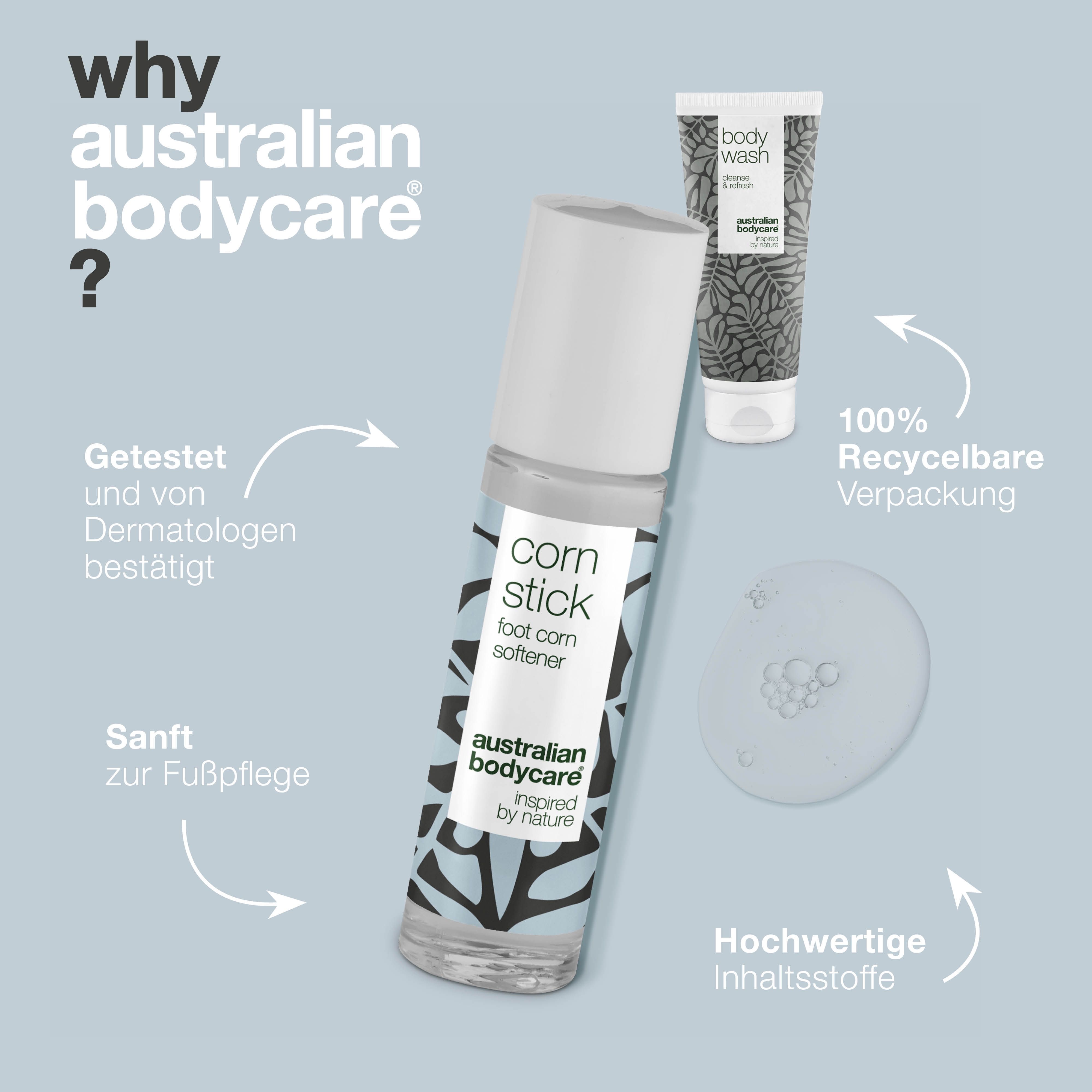 Roll-on, Tube. Aufschriften: Corn Stick, Body Wash. Marke: Australian Bodycare.