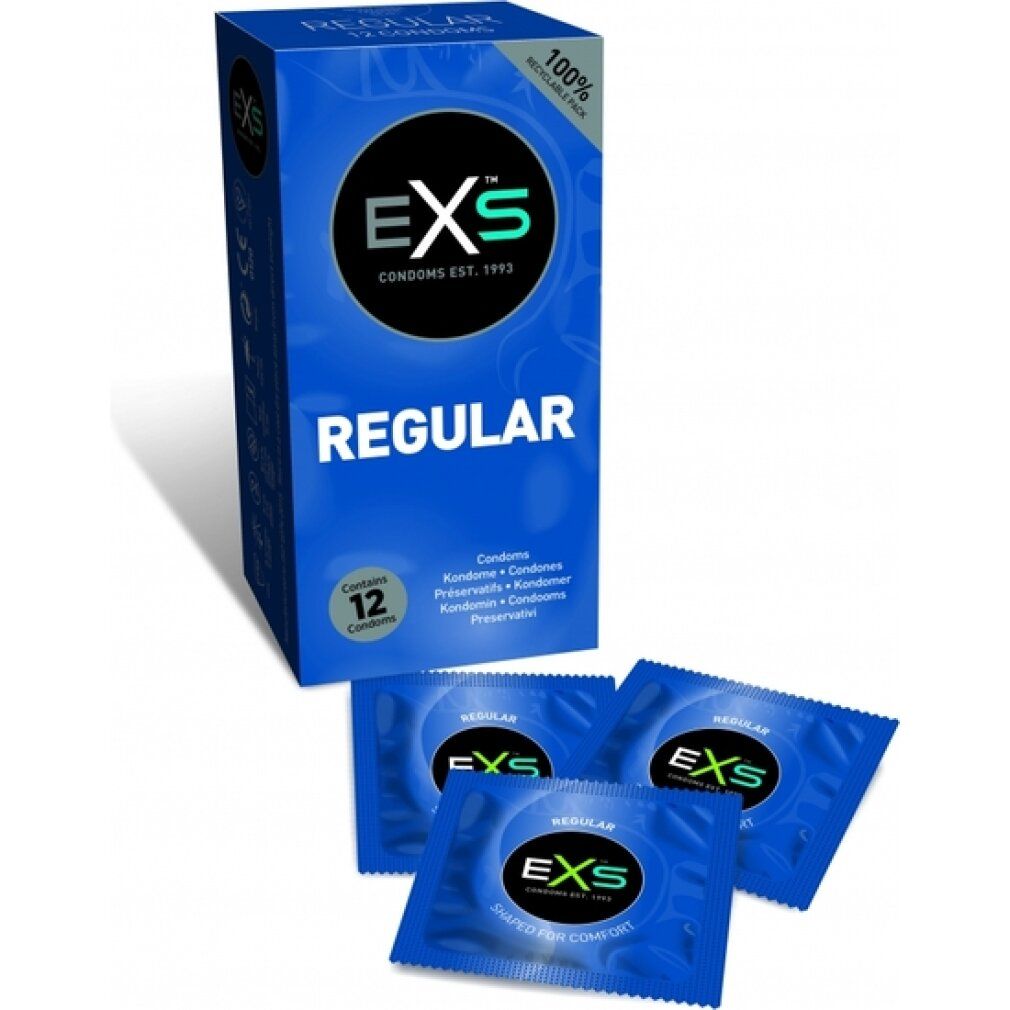 Schachtel mit EXS Regular Kondomen und 3 Einzelverpackungen. 12 Kondome. Vegan.