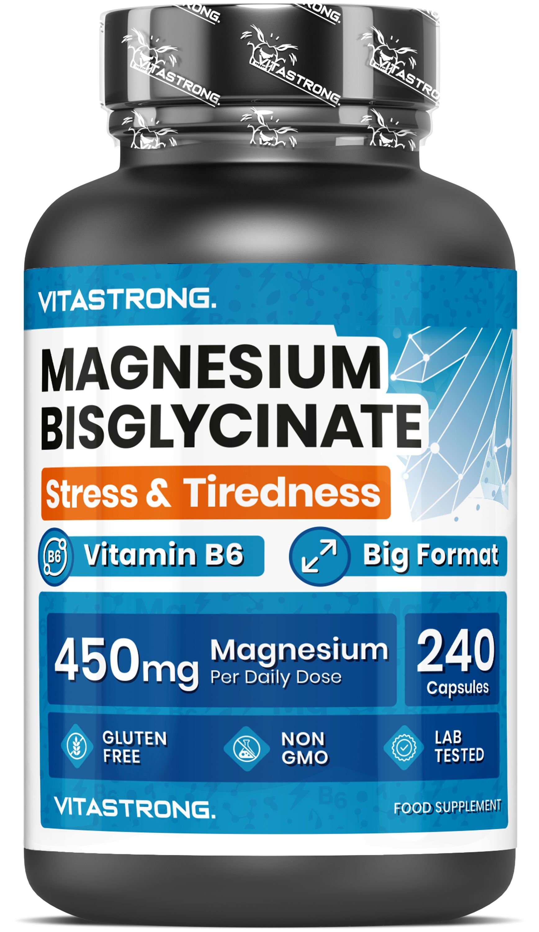 Vitastrong Magnesium Bisglycinat Flasche mit 240 Kapseln, 450mg pro Dosis, Vitamin B6.