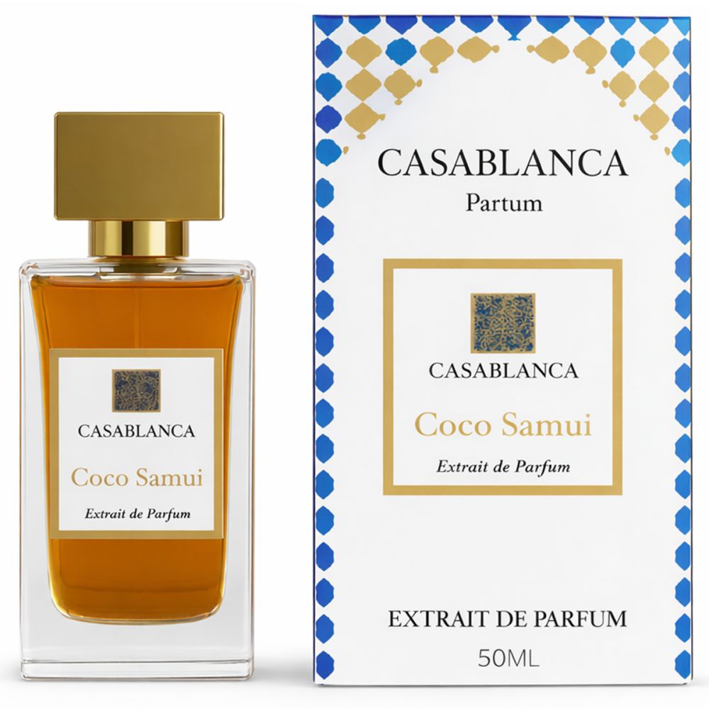 Glasflakon und Verpackung. Flakon mit goldfarbenem Verschluss. Verpackung mit Casablanca Coco Samui Extrait de Parfum.