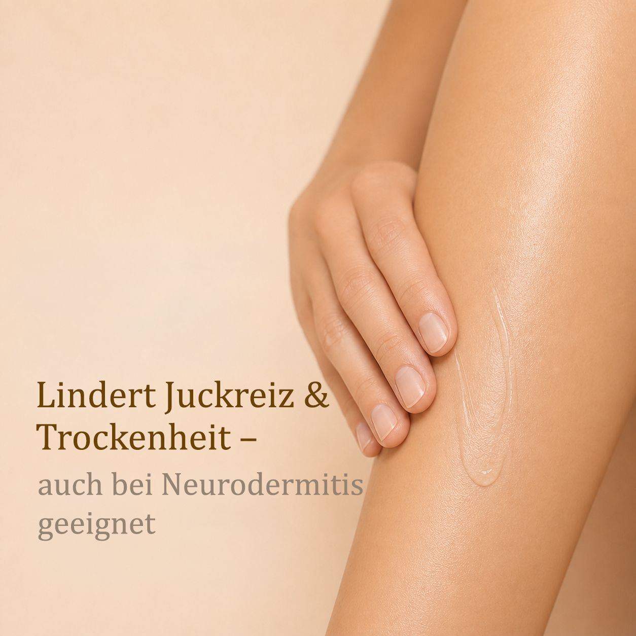Hand trägt ANISSA Bodylotion auf trockene Haut auf.