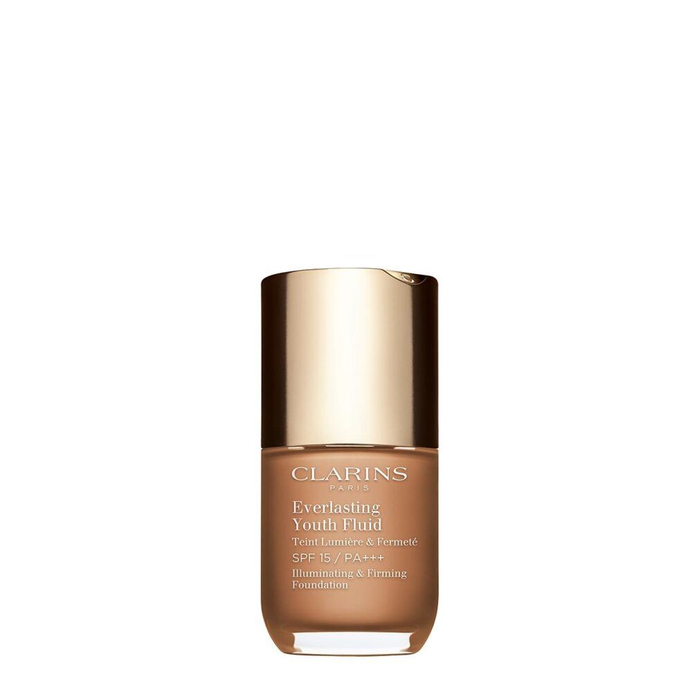 EVERLASTING YOUTH Fluid von Clarins. Braune Flasche mit goldenem Deckel. Text: Everlasting Youth Fluid, SPF 15/PA+++.