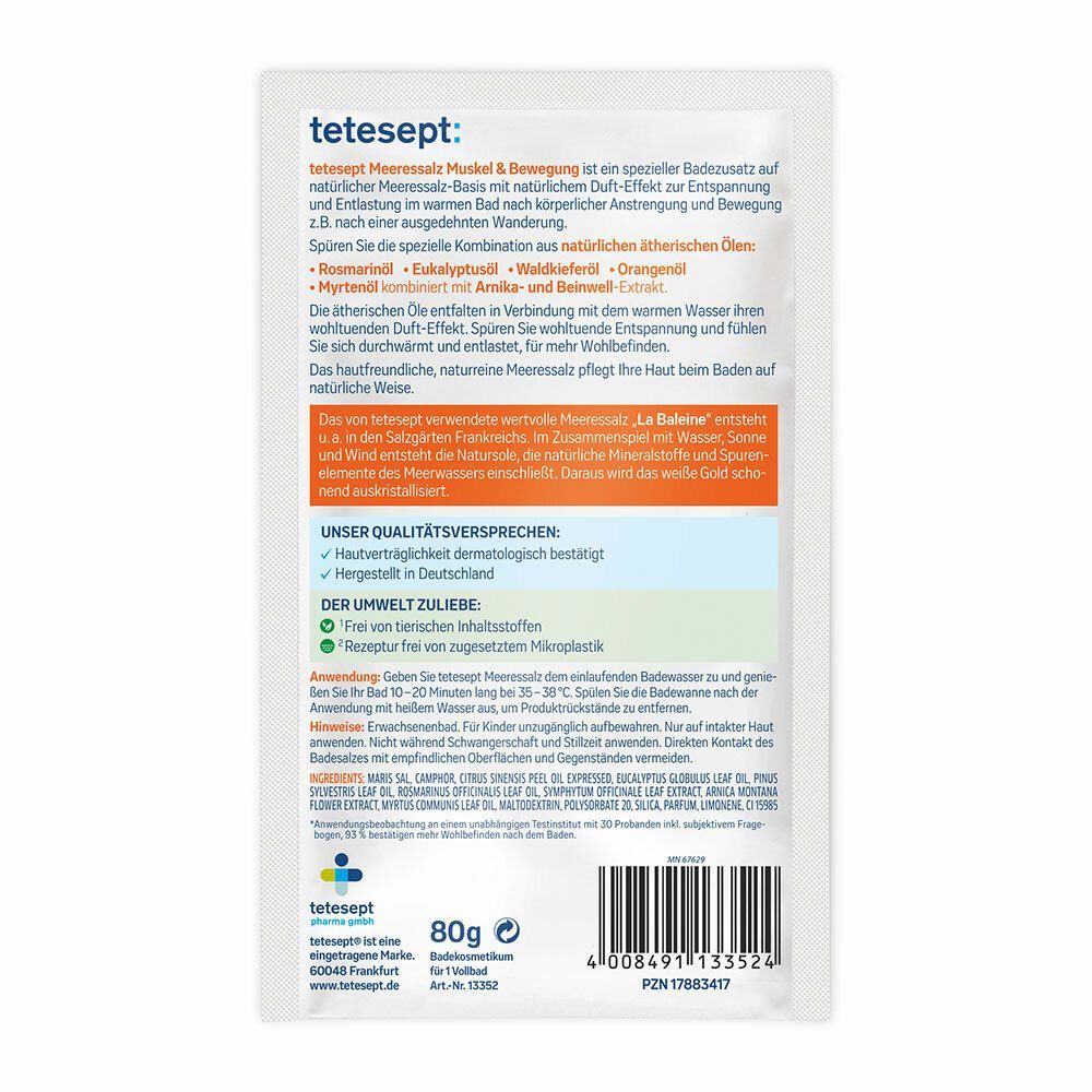 Rückseite der tetesept® Meeressalz Muskel & Bewegung Verpackung. Textinformationen, Inhaltsstoffe, Herstellerangaben und Qualitätsversprechen.