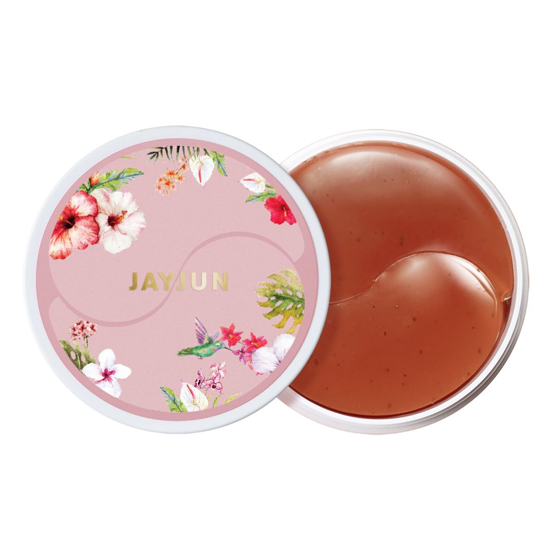 Runde Dose mit Augen-Gel-Pflastern. Deckel rosa mit Blumenmuster und Schriftzug JAYJUN. Geöffnete Dose mit braunem Gel.