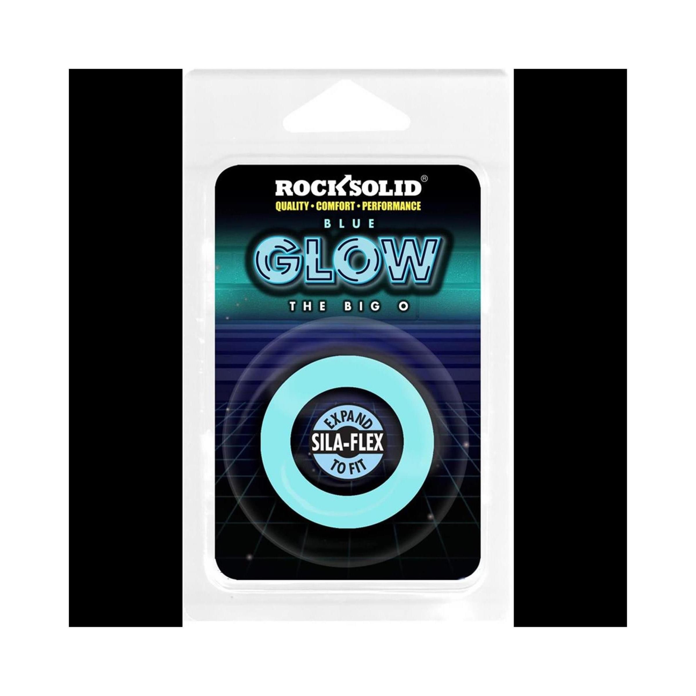 Blisterverpackung mit blauem Cockring. Text: ROCKSOLID, GLOW, THE BIG O, SILA-FLEX. Produkt in Verpackung.