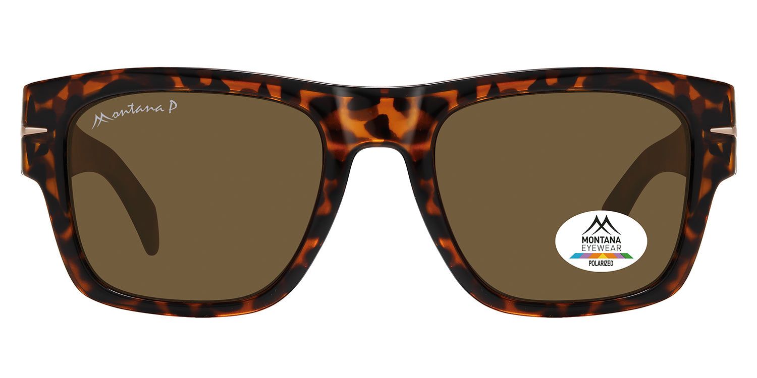 Sonnenbrille mit braunen Gläsern und Schildpatt-Muster. Logo und Schriftzug "MONTANA EYEWEAR" auf dem Bügel. Polarisiert.