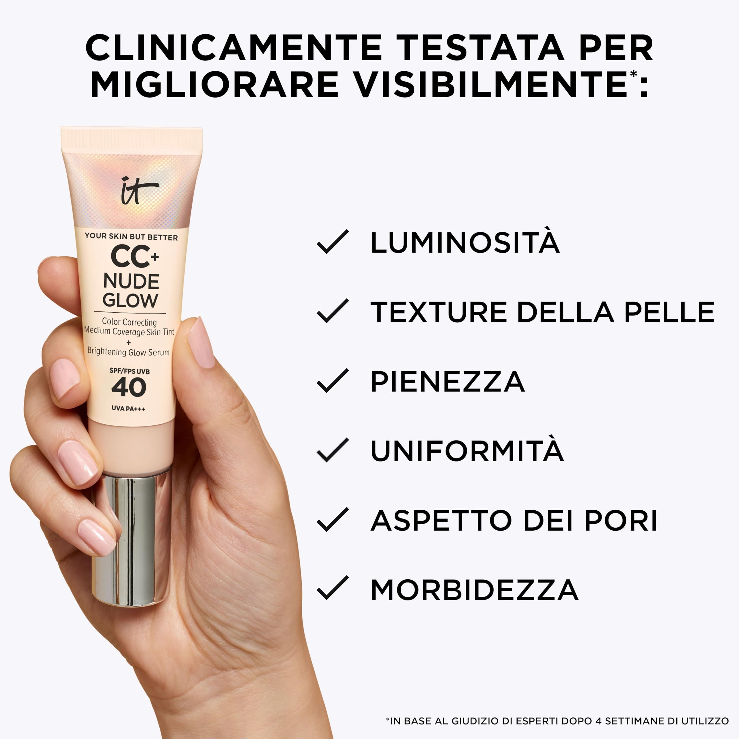 Produkt-Tube mit Aufschrift "IT CC+ Nude Glow SPF40".