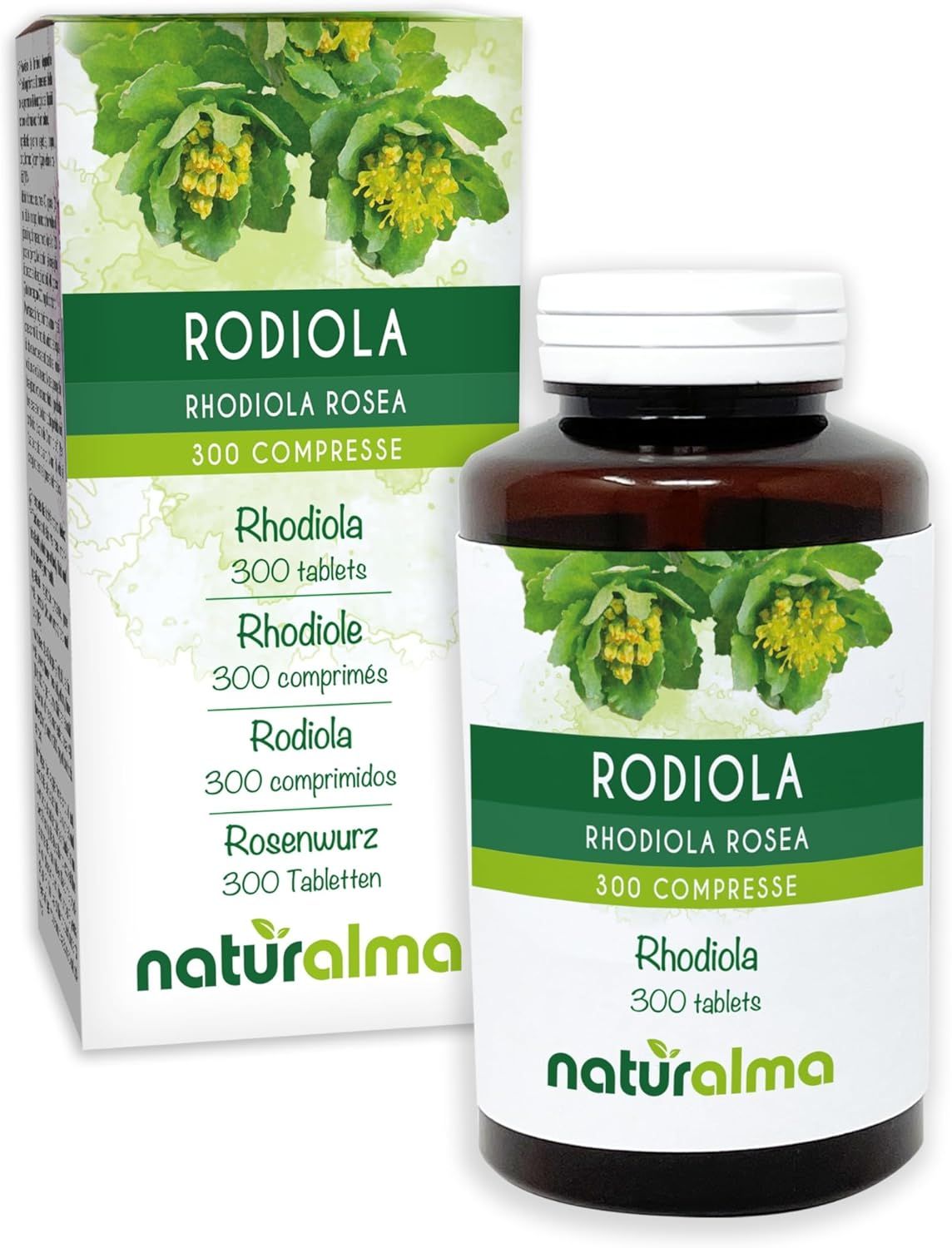 Produktverpackung und Flasche mit Tabletten. Text: Rhodiola Rosea, 300 Tabletten. Naturalma Logo.