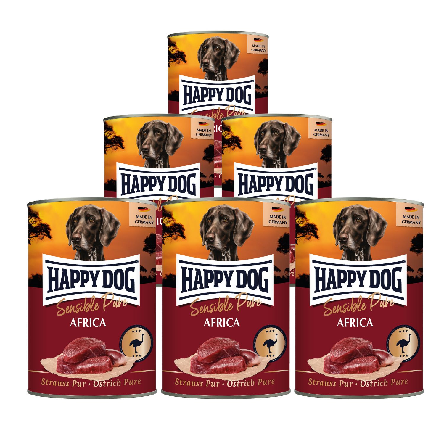 Mehrere Dosen Happy Dog Sensible Pure Africa, rotbraun, mit Hundefoto und Produktbezeichnung. Aufschrift: Strauss Pur - Ostrich Pure.