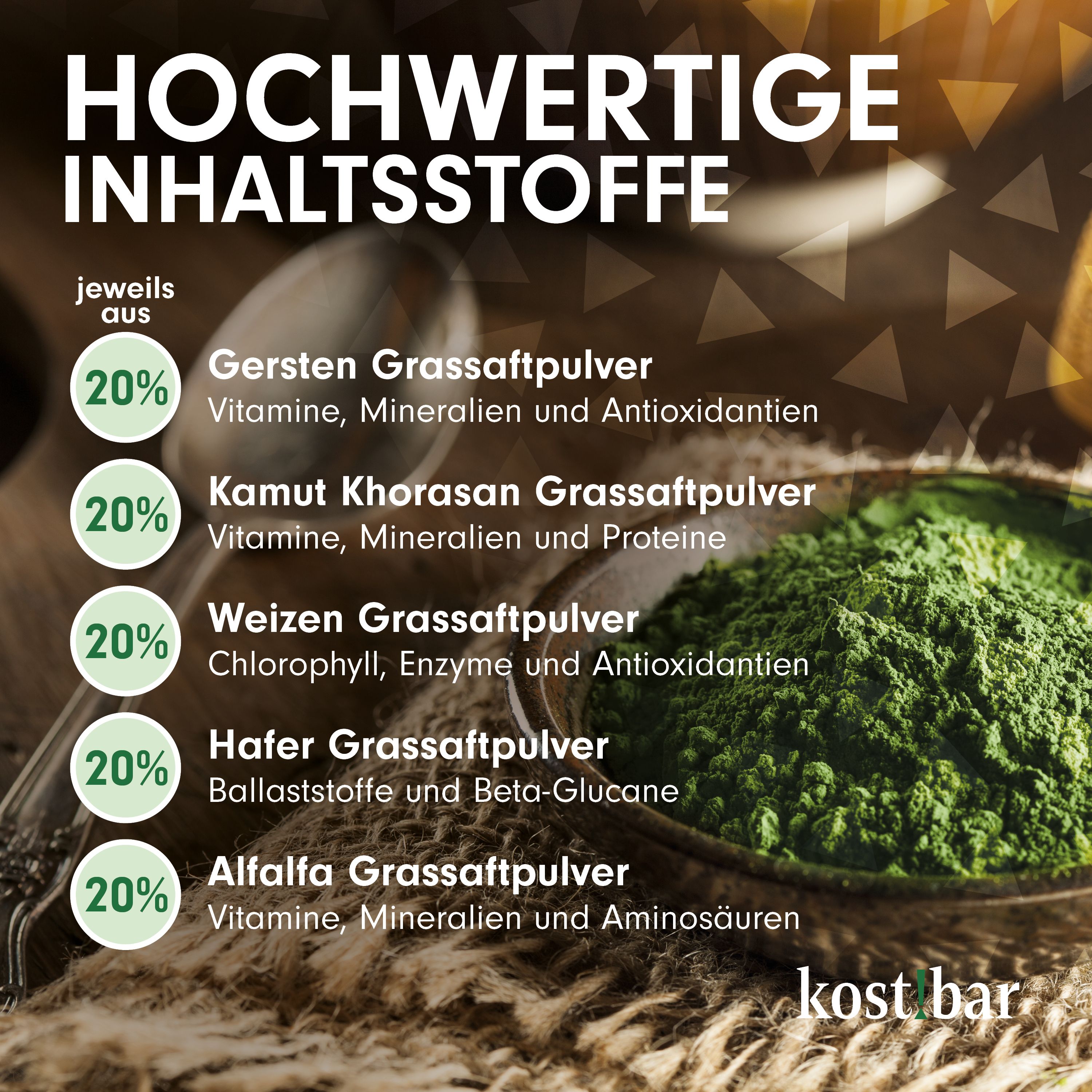 Grünes Pulver auf einem Löffel. Text: HOCHWERTIGE INHALTSSTOFFE. 20% Gersten, Kamut, Weizen, Hafer, Alfalfa Grassaftpulver. Unten: kost!bar.