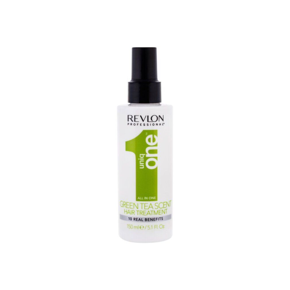 Weißes Haarspray mit schwarzem Sprühkopf. Aufschrift: Uniq One, Revlon Professional, All in One Green Tea Scent Hair Treatment, 10 Real Benefits.