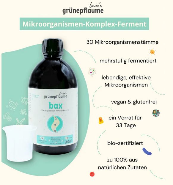 Produktflasche mit Becher. Text: Mikroorganismen-Komplex-Ferment, 30 Mikroorganismenstämme, vegan & glutenfrei, bio-zertifiziert.