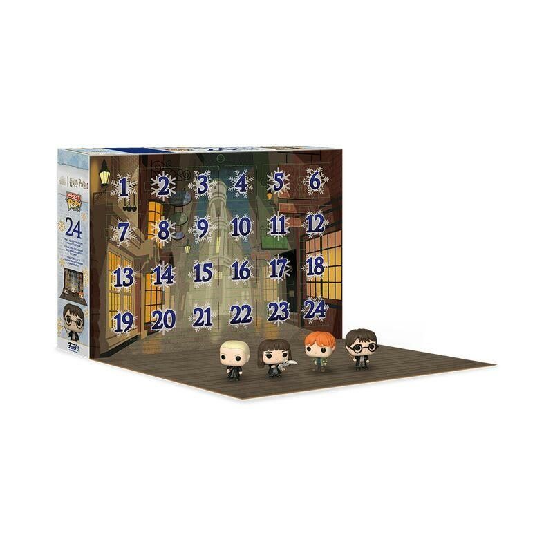 Adventskalender mit 24 Türen. Auf der Vorderseite sind Zahlen und Figuren abgebildet. Unten stehen vier Figuren.