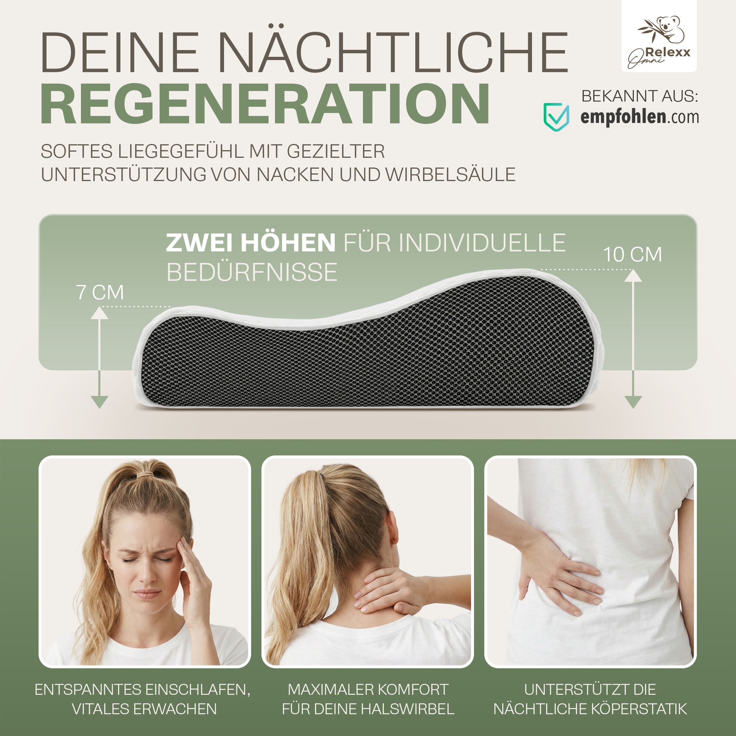 Kissen mit 7 cm und 10 cm Höhe. Text: Zwei Höhen für individuelle Bedürfnisse. Illustrationen: Kopfschmerzen, Nackenschmerzen, Rückenschmerzen.