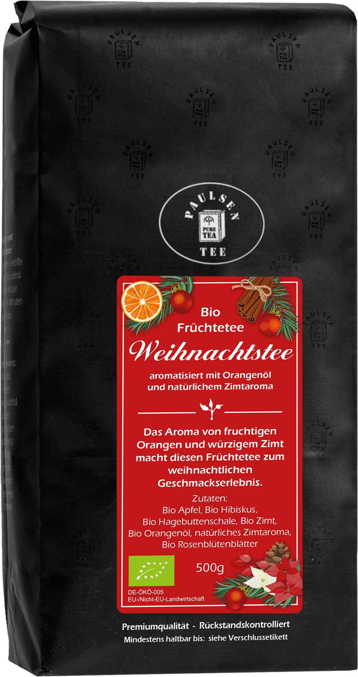 Schwarze Verpackung mit rotem Etikett. Aufschrift: Paulsen Bio Früchtetee Weihnachtstee. Mit Bio-Siegel und 500g Angabe.