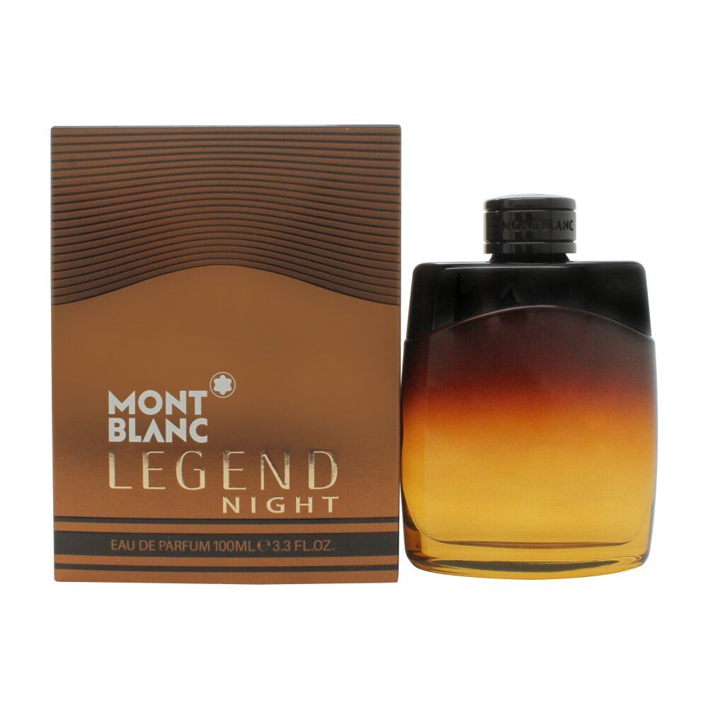 Parfümflakon und Verpackung. Flakon mit Farbverlauf. Verpackung mit Schriftzug Montblanc Legend Night.