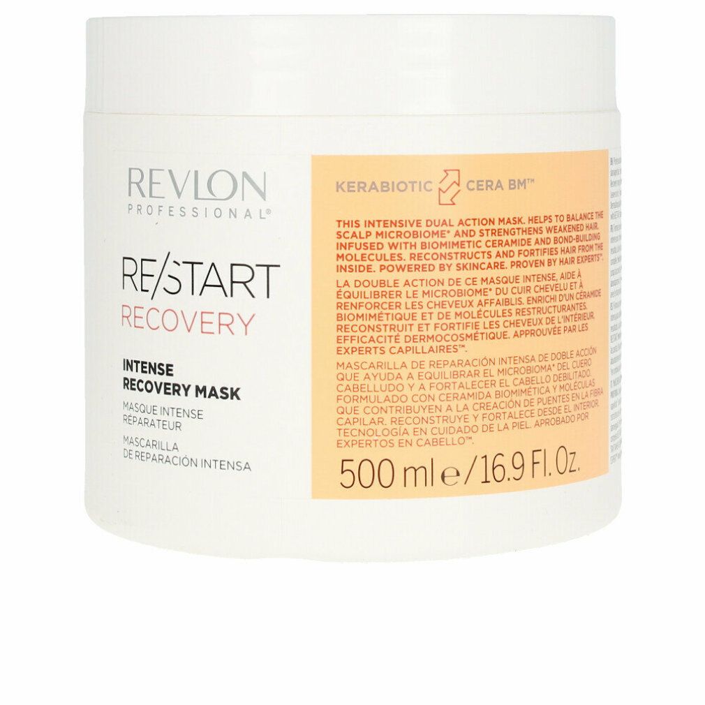 Weißer Tiegel mit Produktaufschrift. Text: Revlon Professional, Re/Start Recovery, Intense Recovery Mask. 500 ml.