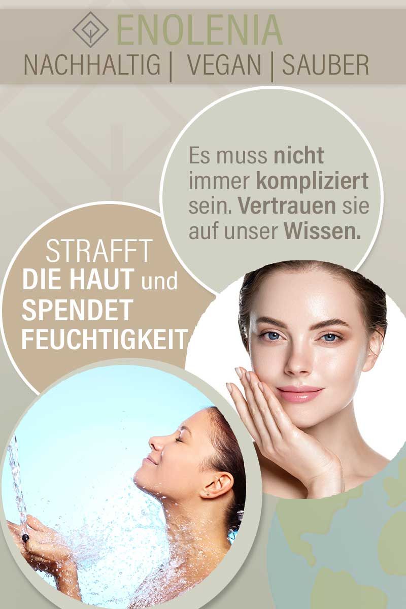 Werbetafel mit Bildern. Text: Strafft die Haut, spendet Feuchtigkeit, natürlich, vegan, sauber.