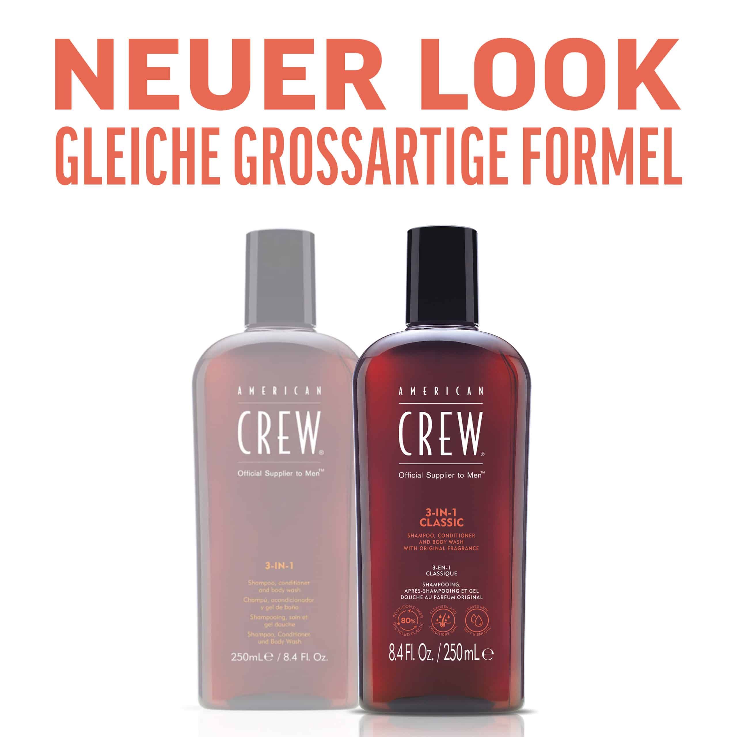 Zwei Flaschen AMERICAN CREW 3-in-1 Classic. Eine durchsichtig, eine braun. Text: Neuer Look, gleiche Formel.
