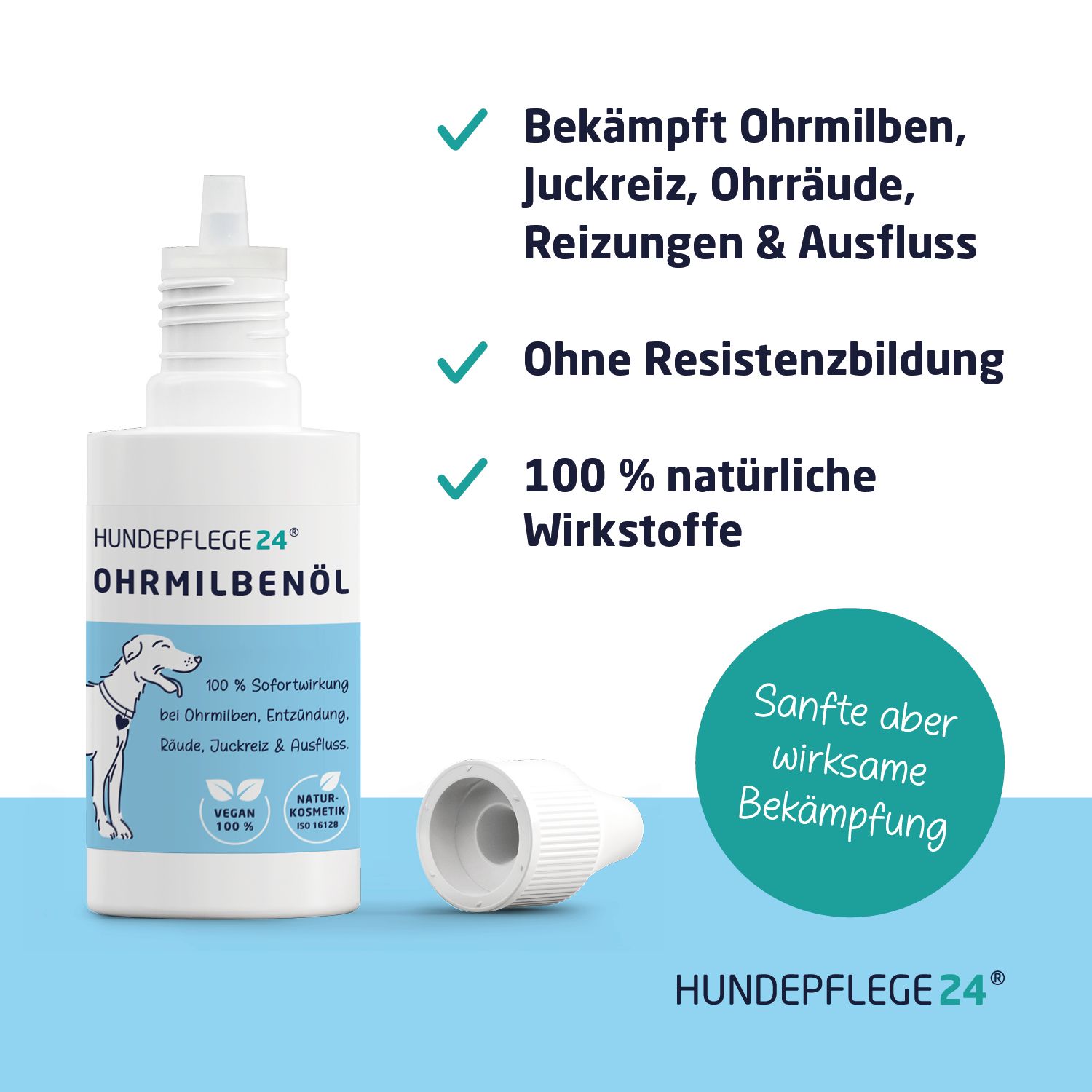 Text mit grünen Häkchen: Bekämpft Ohrmilben, Juckreiz, Ohrräude, Reizungen & Ausfluss. Ohne Resistenzbildung. 100% natürliche Wirkstoffe.