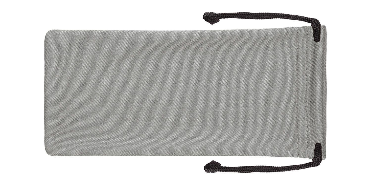 Grauer Mikrofaser-Beutel mit schwarzem Kordelzug. Rechteckige Form.
