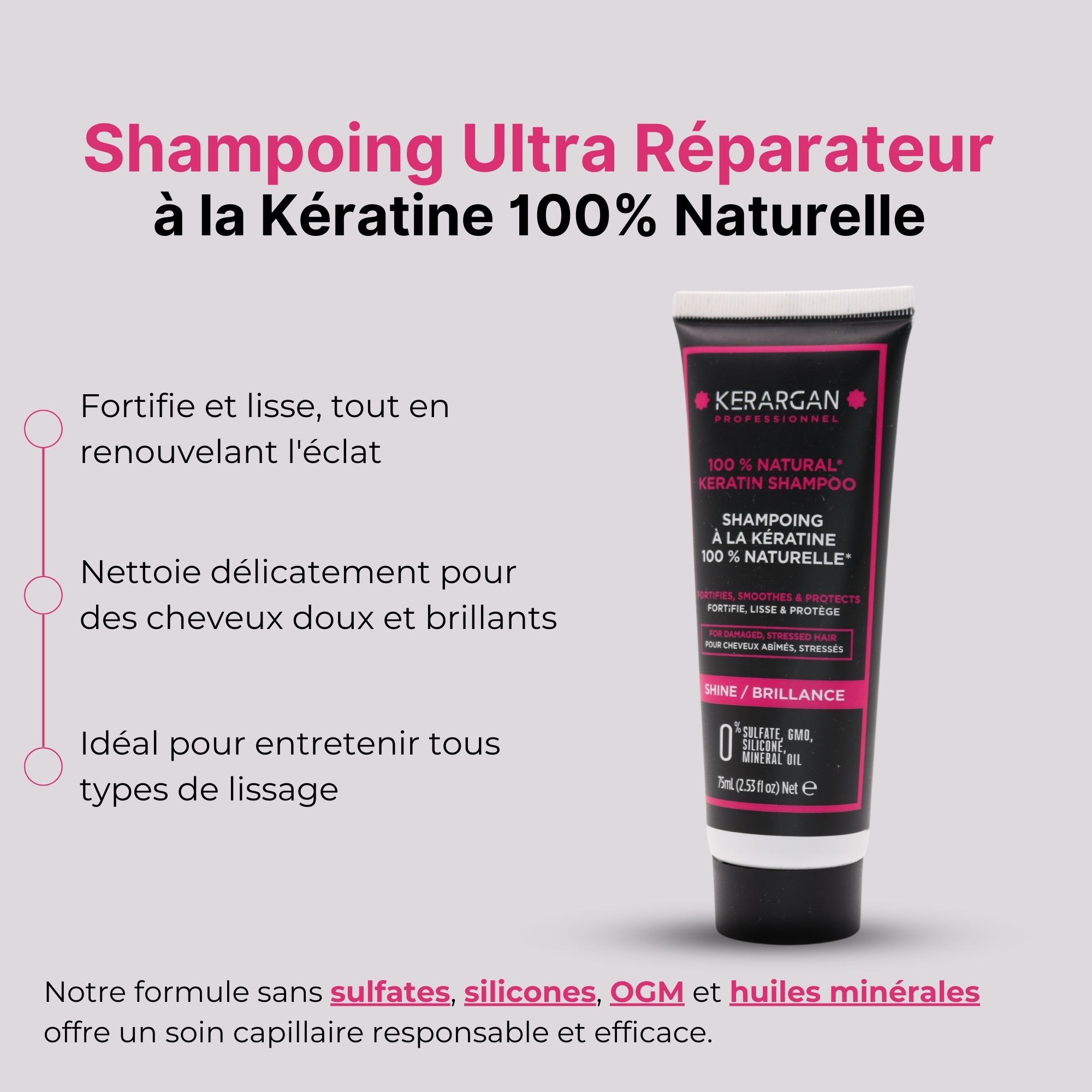 Tube de shampooing Kerargan. Image du produit avec texte. Contient des informations sur l'utilisation et les ingrédients.