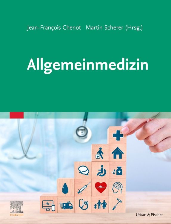 Buchcover mit Titel 'Allgemeinmedizin'. Autorennamen und Verlag 'Urban & Fischer' sichtbar. Illustration mit Holzblöcken und medizinischen Symbolen.