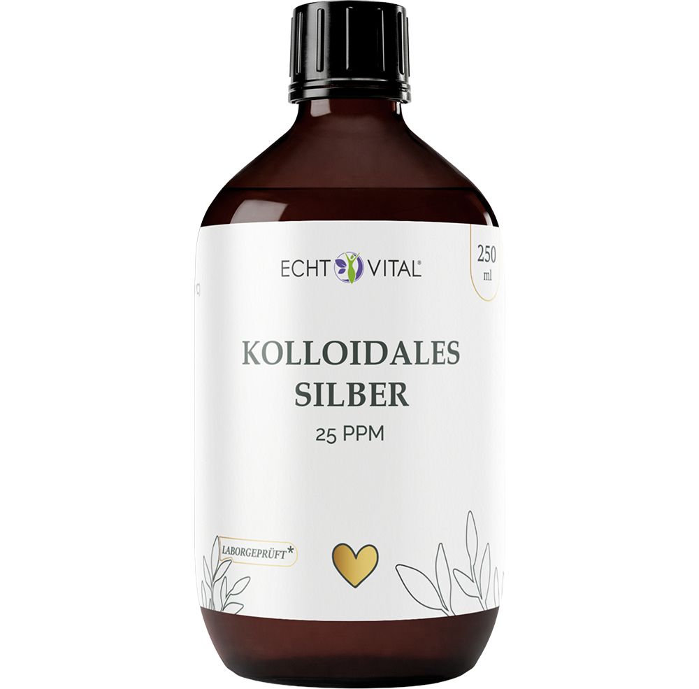 Braune Glasflasche mit schwarzem Schraubverschluss, Etikett mit "Echt Vital Kolloidales Silber 25 PPM" und 250 ml Angabe.