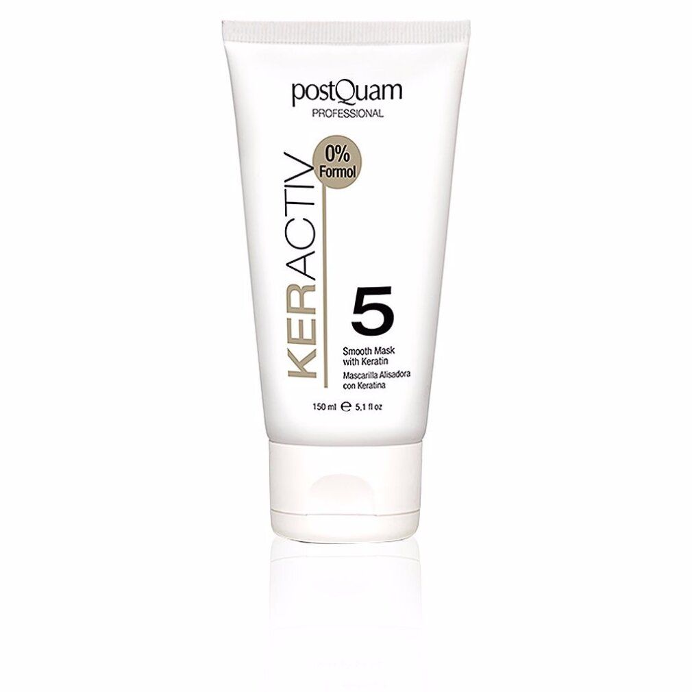 Weiße Tube mit schwarzem Schriftzug KERACTIV 5, darunter 'Smooth Mask with Keratin'. Marke: postQuam PROFESSIONAL. 0% Formal.