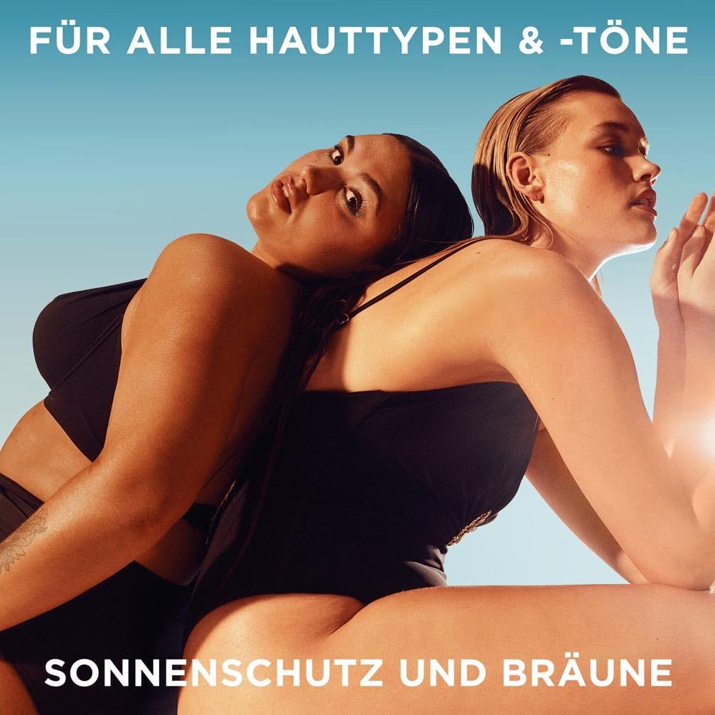 Zwei Personen in Badeanzügen. Text: Für alle Hauttypen & -töne. Sonnenschutz und Bräune.
