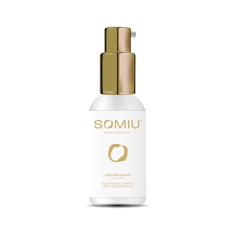 Weiße Flasche mit goldenem Pumpkopf. Aufschrift: SOMIU SKIN REPAIR, ultimate serum plus ion. Für feuchtigkeitsarme und sensible Haut.