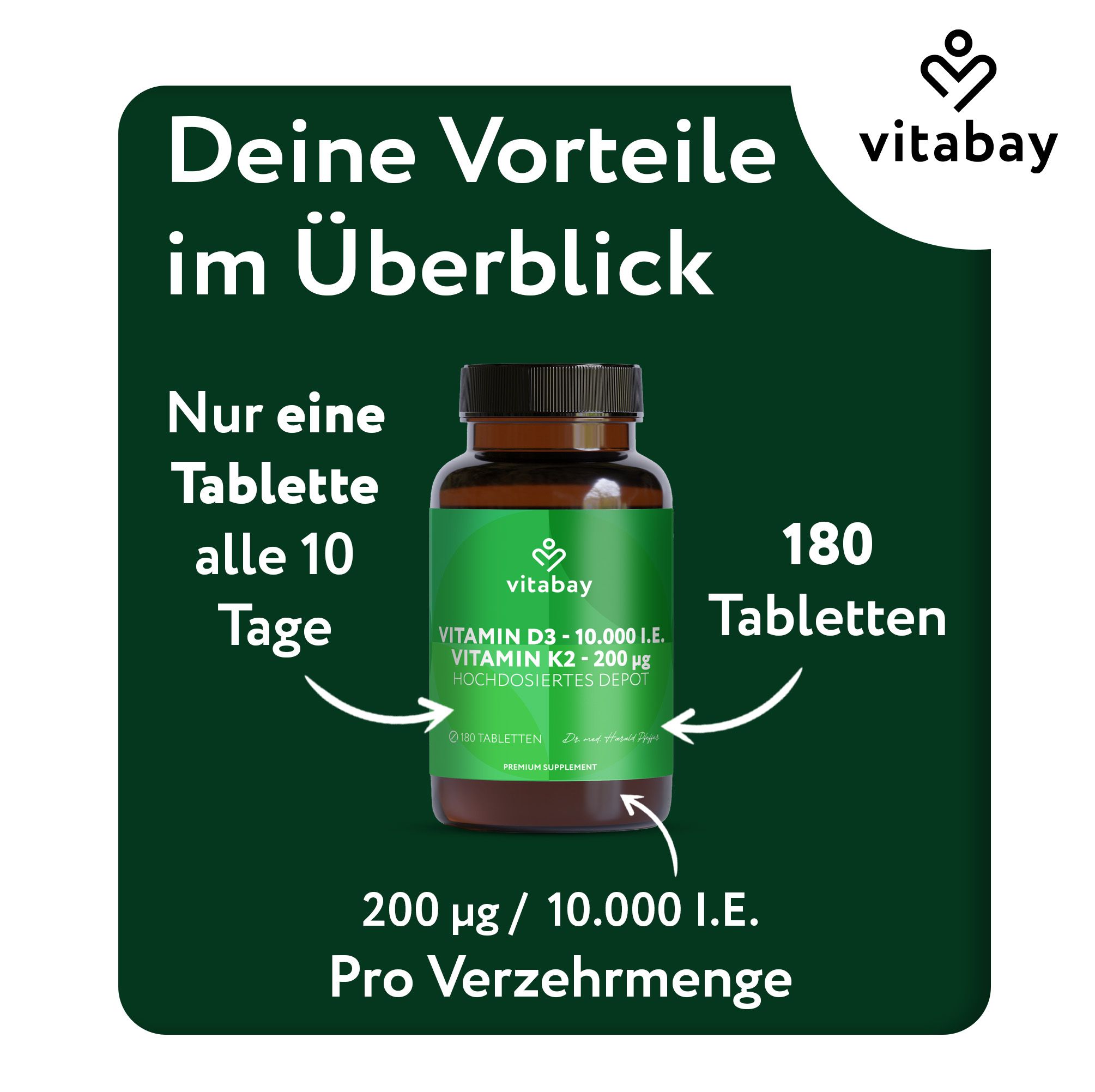 Vitabay Vitamin D3 + K2 Flasche. 180 Tabletten, nur eine Tablette alle 10 Tage.