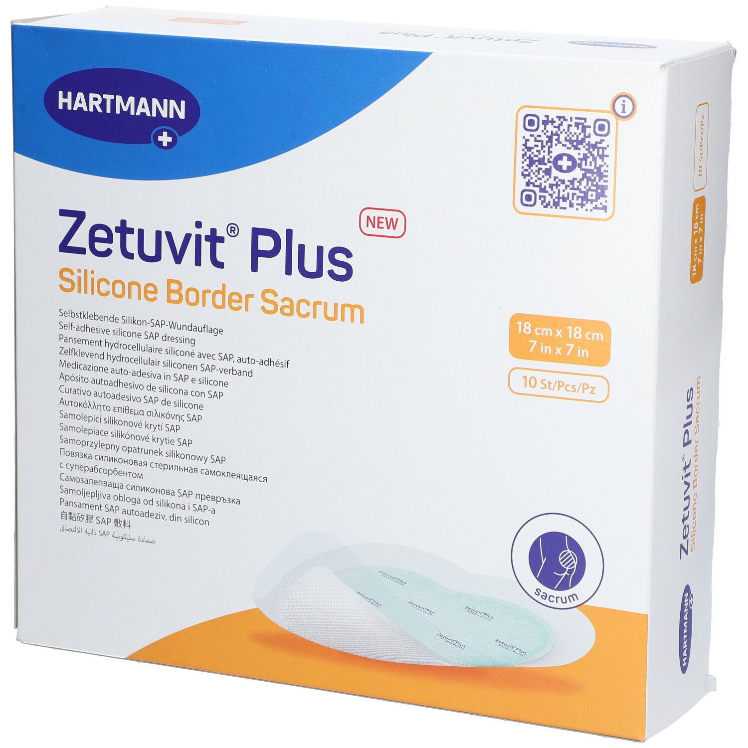 Verpackung von Hartmann Zetuvit® Plus. Aufdruck: Zetuvit® Plus Silicone Border Sacrum, 18 x 18 cm, 10 Stück.