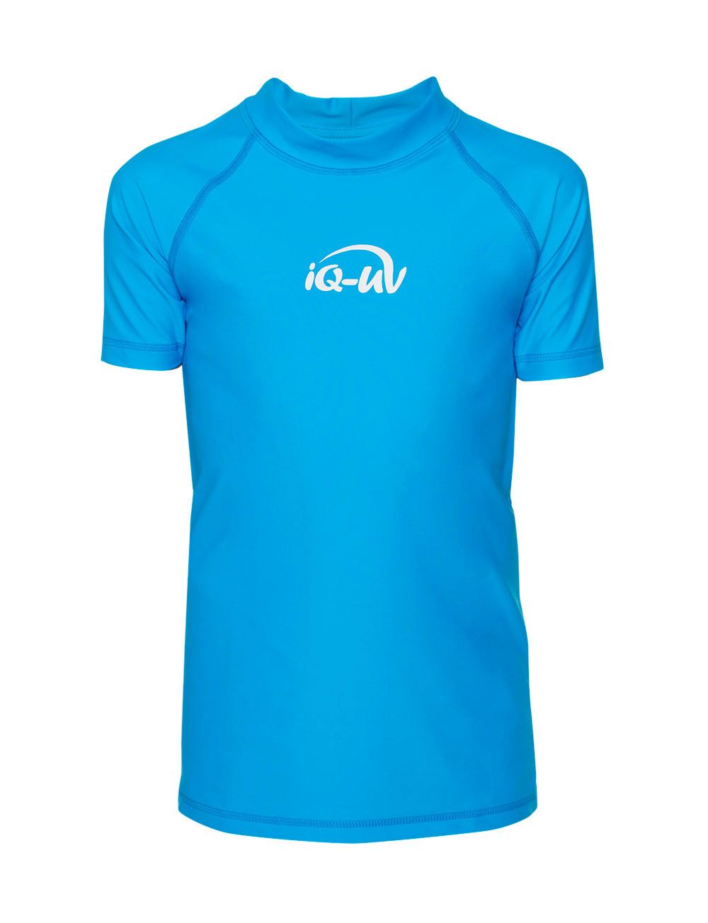 Türkisfarbenes iQ-UV Sonnenschutz Shirt Kids mit kurzem Arm und hohem Kragen. Weißes Logo auf der Brust.