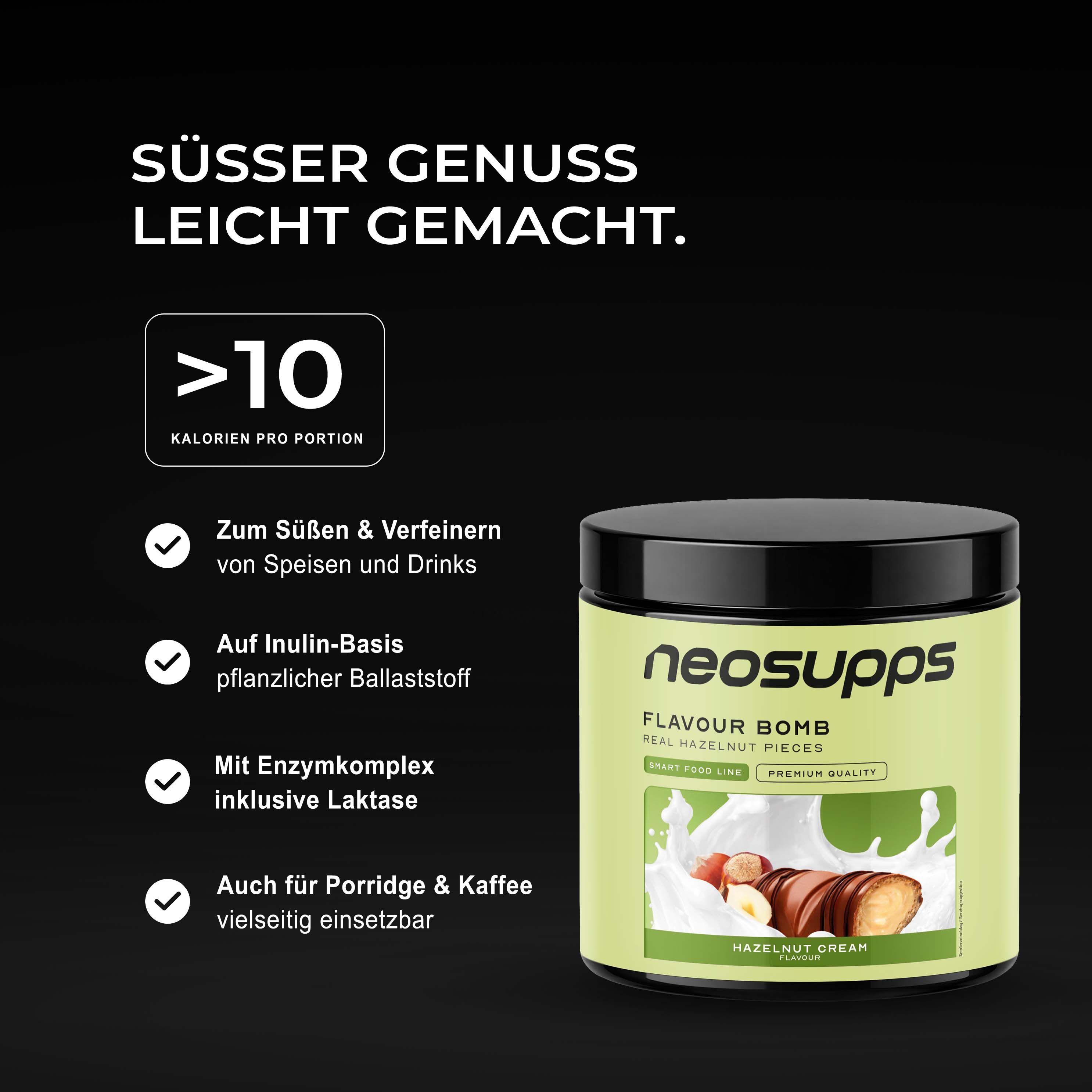 Neosupps Flavour Bomb Vanille Cream Aromapulver mit Karamellstückchen. Vegan, Made in Germany.