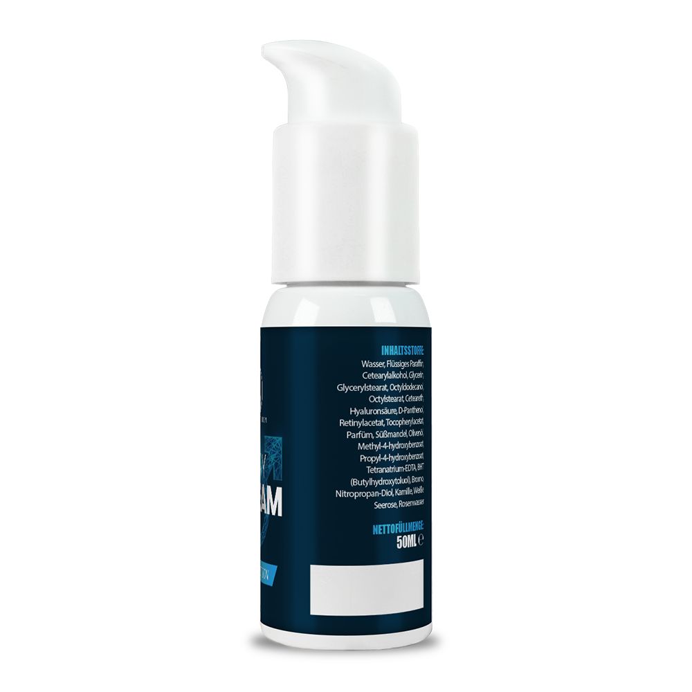 Blaue Flasche mit weißem Pumpkopf. Rückseite mit Inhaltsstoffliste in deutscher Sprache. Nettogewicht: 50ml.