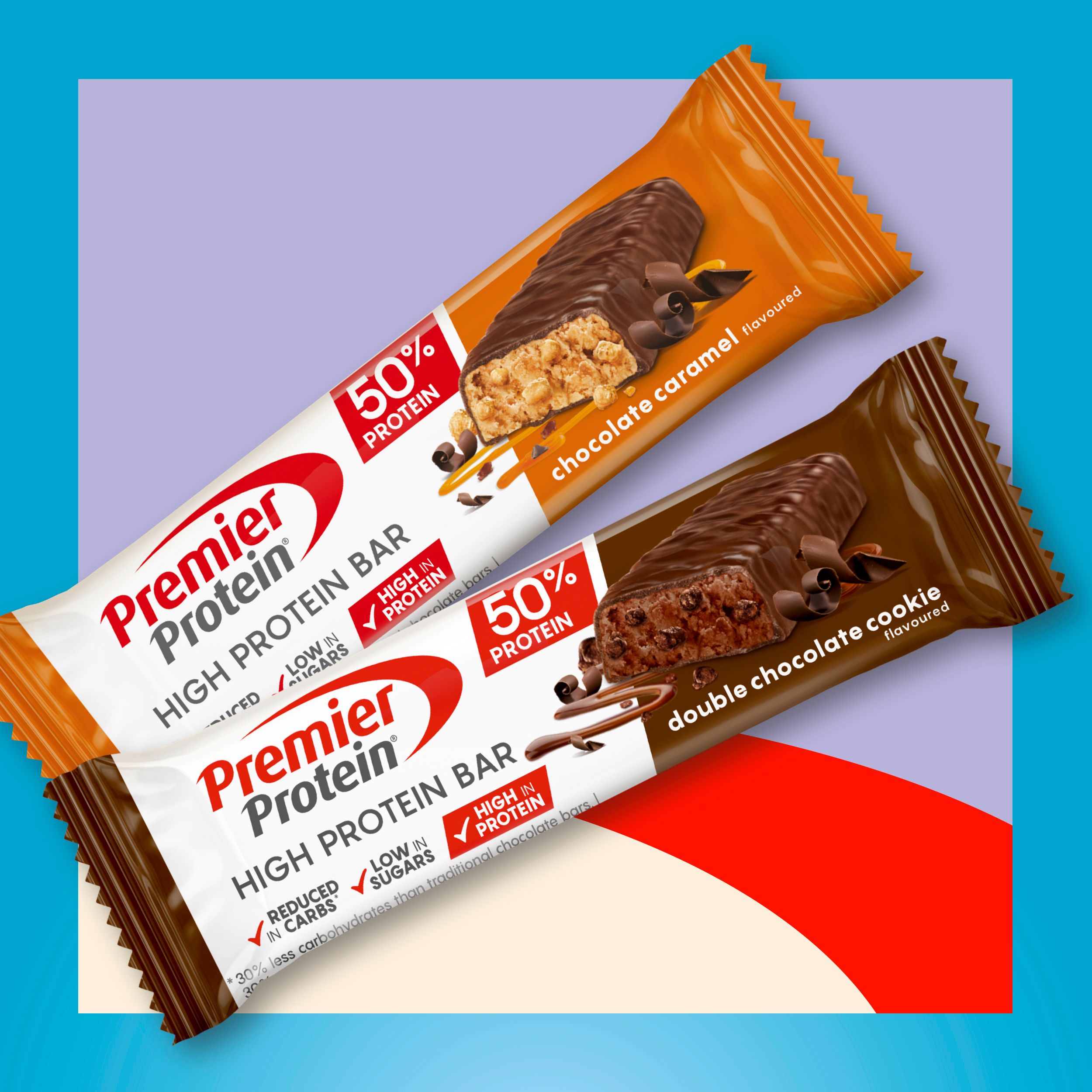 Zwei Premier Protein Riegel: Schokolade Karamell und Double Chocolate Cookie.
