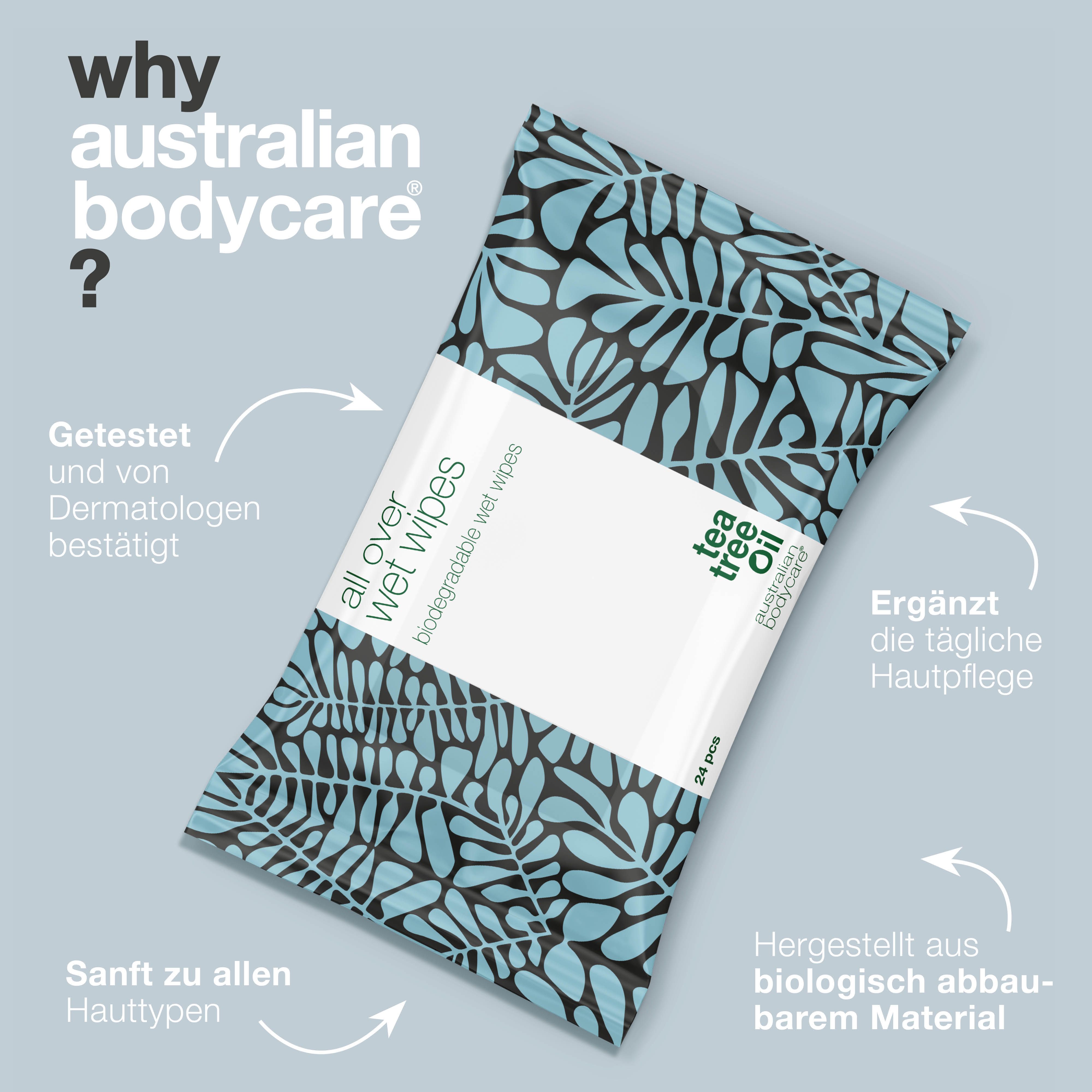 Packung Feuchttücher mit blauem Blattmuster. Text: "all over wet wipes". Logo: Australian Bodycare. Text über Vorteile.
