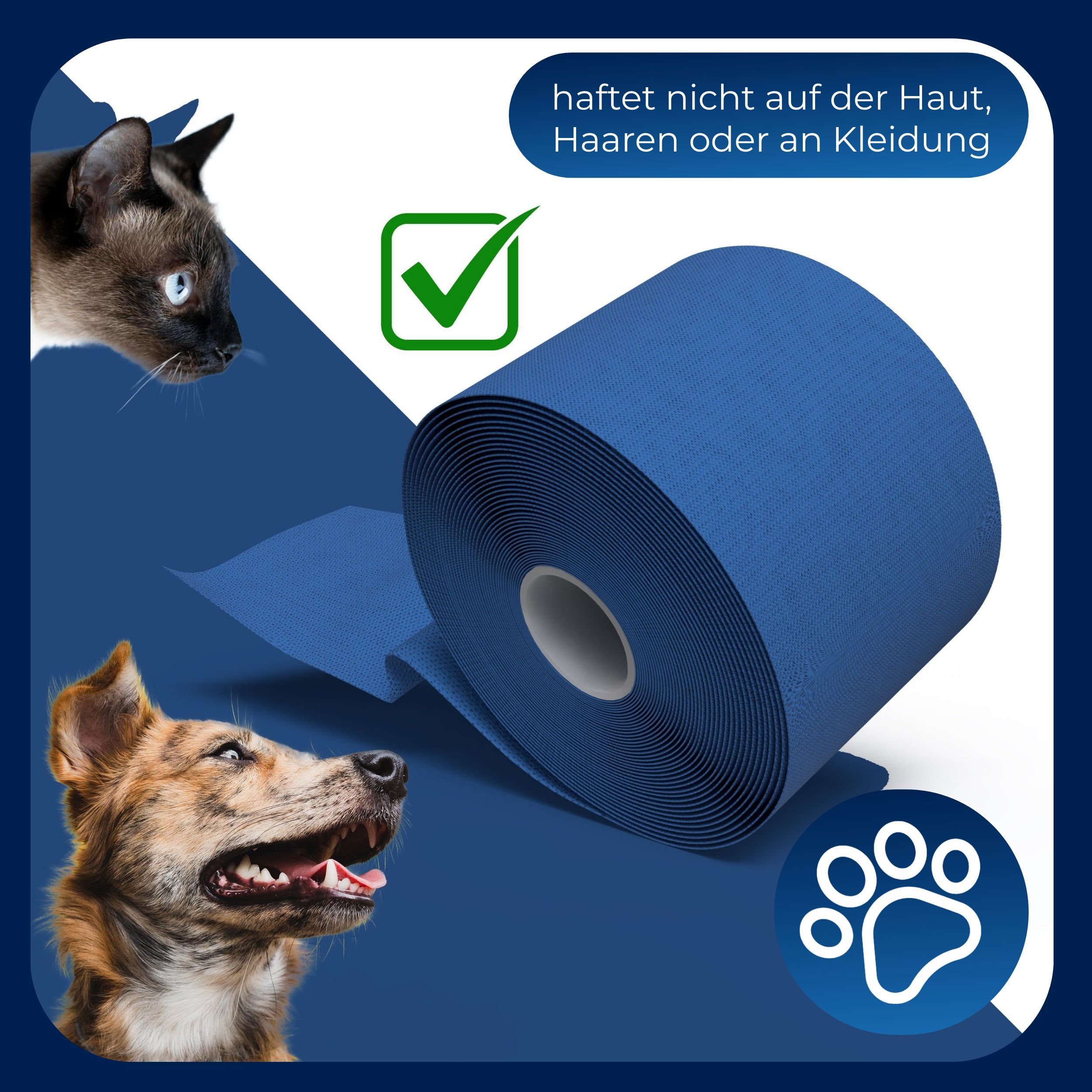 Blaues Verbandmaterial, Rolle. Text: haftet nicht auf Haut, Haaren oder Kleidung. Pfotenabdruck-Symbol. Katze und Hund.