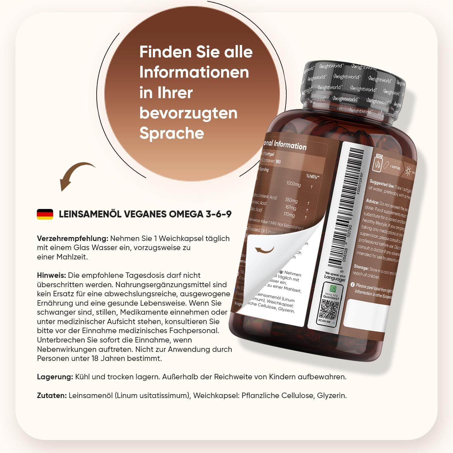 Produktflasche mit Etikett. Text: Leinsamenöl veganes Omega 3-6-9. Verzehrempfehlung: 1 Weichkapsel täglich. Zutaten: Leinsamenöl, Weichkapsel.