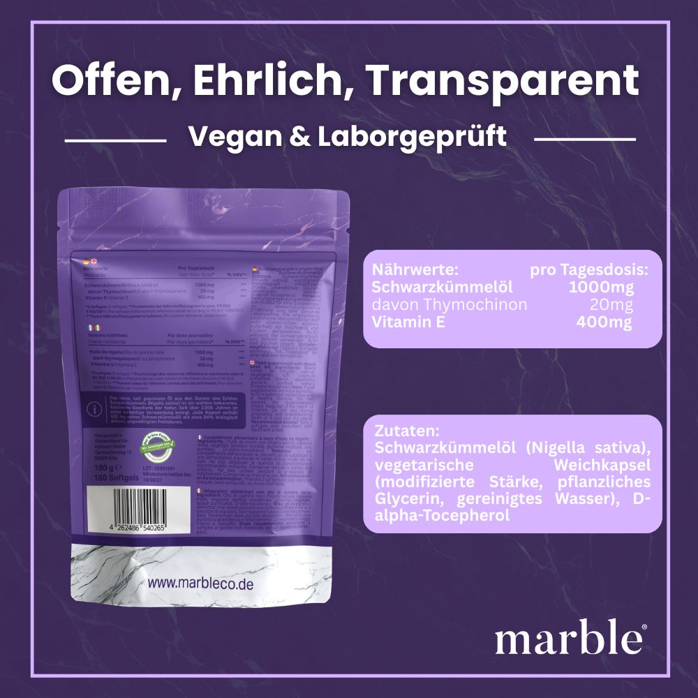 Rückseite der Produktverpackung. Text: Vegan & Laborgeprüft. Nährwerte, Zutaten, Herstellerinformationen. Logo: marble.