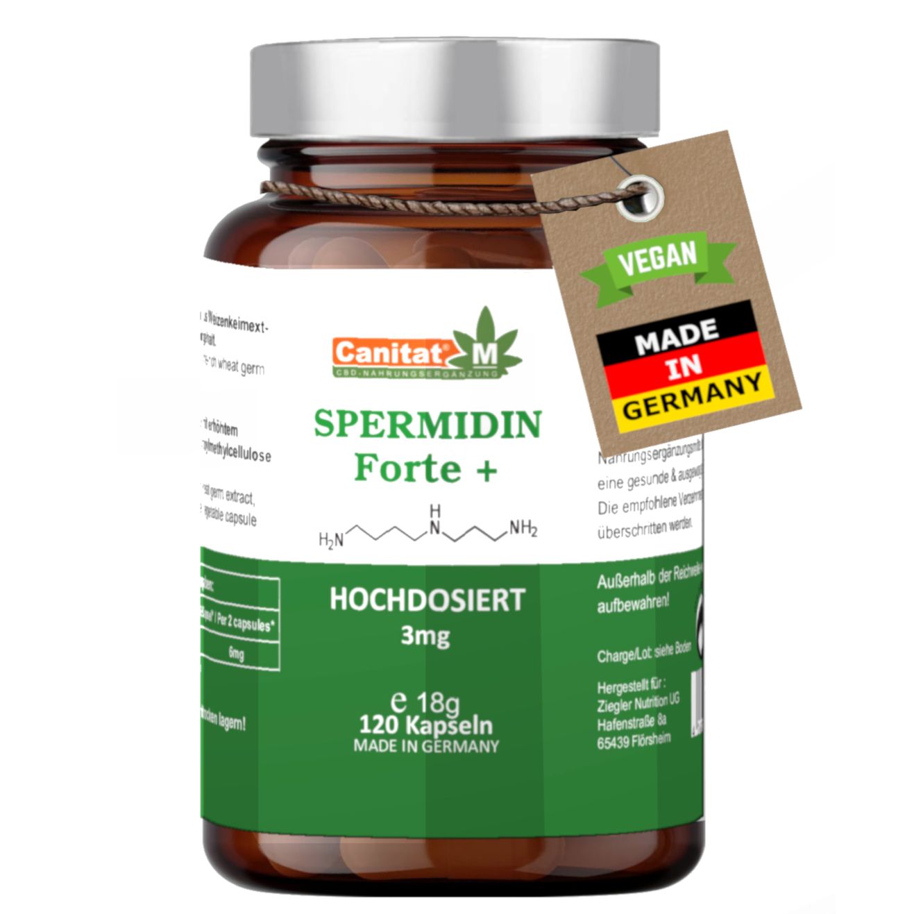 Braune Glasflasche mit Kapseln. Aufschrift: Spermidin Forte+, 3mg, 120 Kapseln. Grünes Etikett. Anhänger: Vegan, Made in Germany.