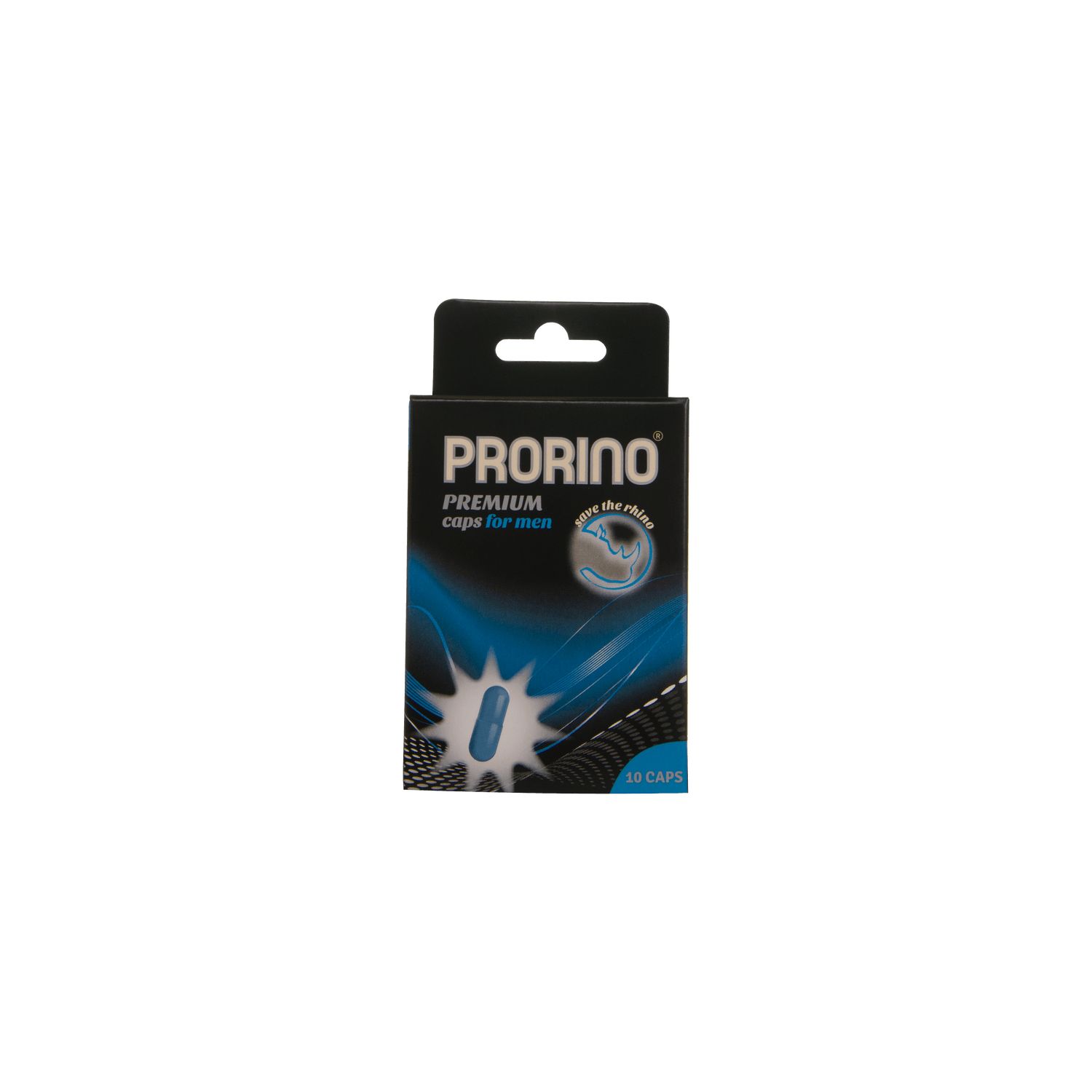 Schachtel mit blauen Kapseln. Aufschrift: PRORINO PREMIUM caps for men. 10 Kapseln.