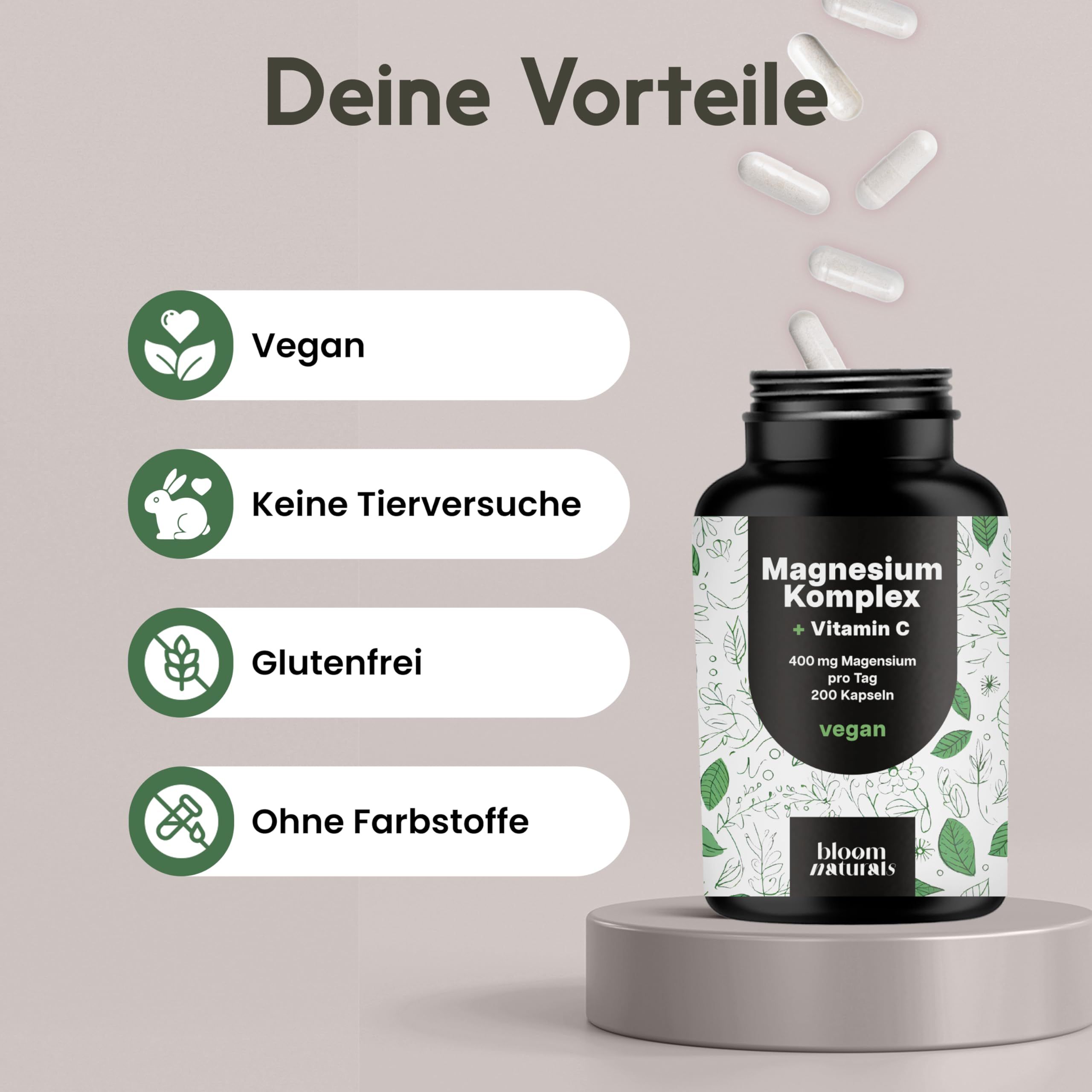 Flasche mit "Magnesium Komplex + Vitamin C". Vegan, ohne Tierversuche, glutenfrei, ohne Farbstoffe.