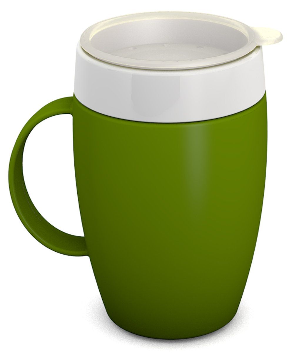 Grüner Becher mit weißem Deckel und Henkel. Der Becher hat eine ovale Form.