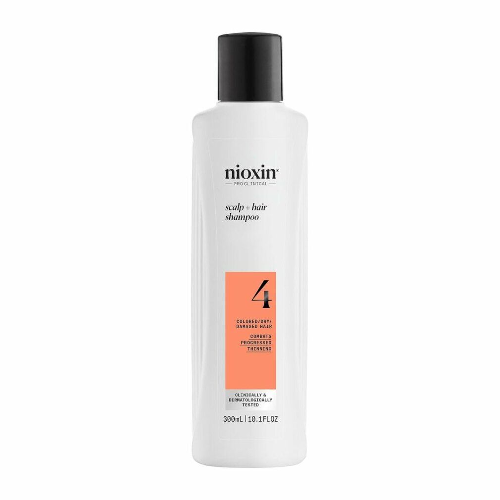 Weiße Shampoo-Flasche mit schwarzem Deckel. Orangefarbenes Etikett mit der Nummer 4. Text: Gefärbtes und geschädigtes Haar.
