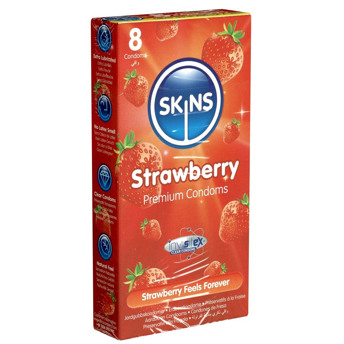 Verpackung mit Erdbeer-Kondomen. Aufschrift: SKINS, Strawberry, 8 Kondome. Rote Verpackung mit Erdbeeren.