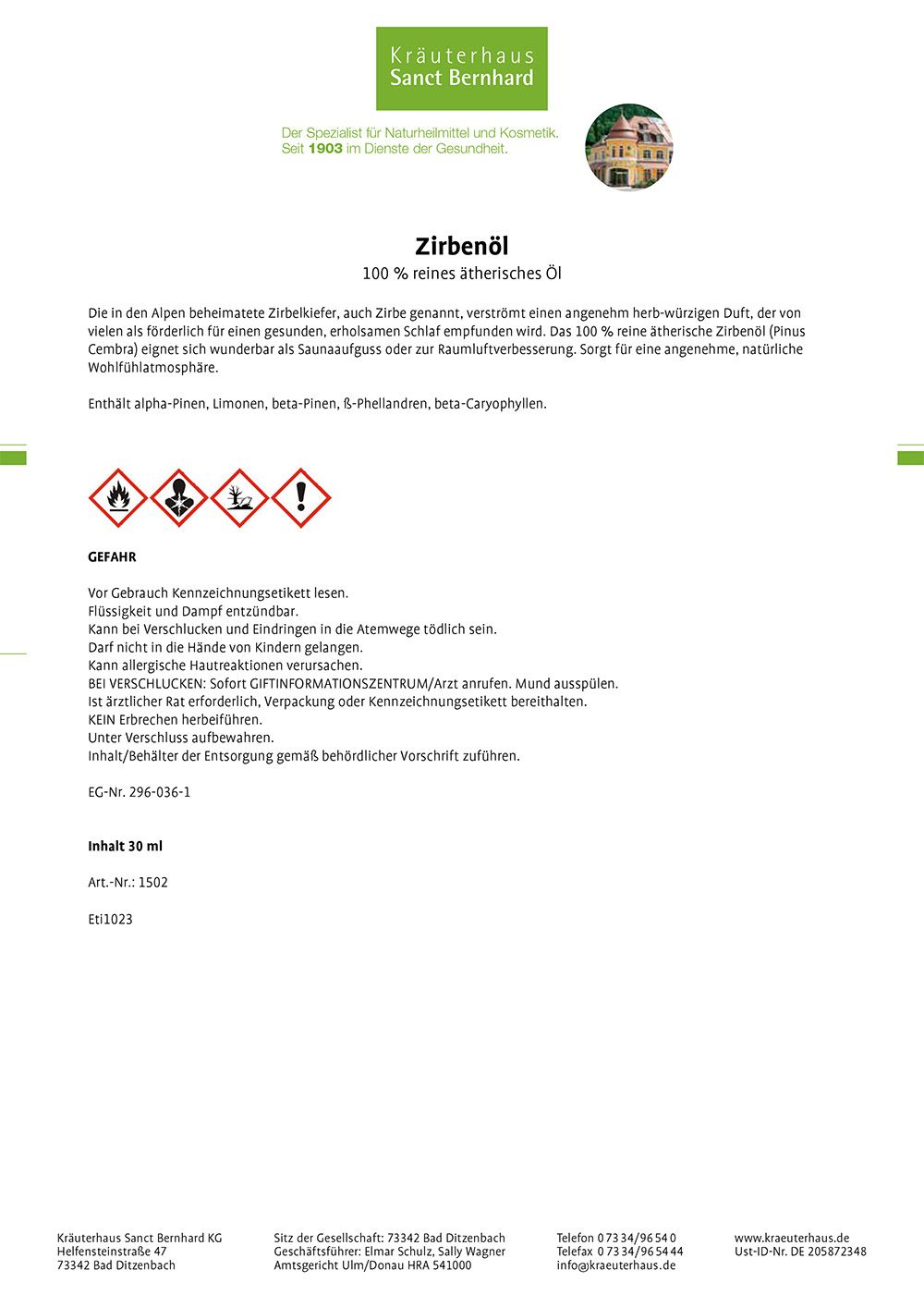Sanct Bernhard Zirbenöl / Ätherisches Öl