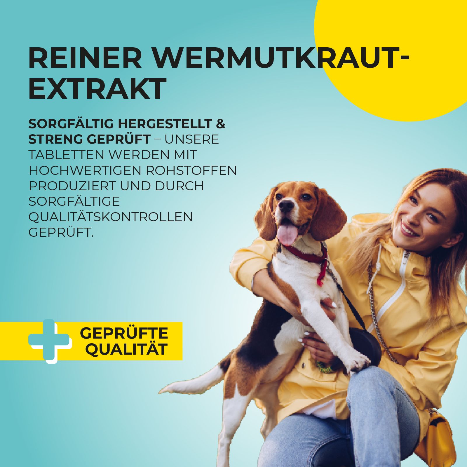 Frau umarmt Hund. Text: Reiner Wermutkraut-Extrakt, geprüfte Qualität. Gelber Hintergrund.