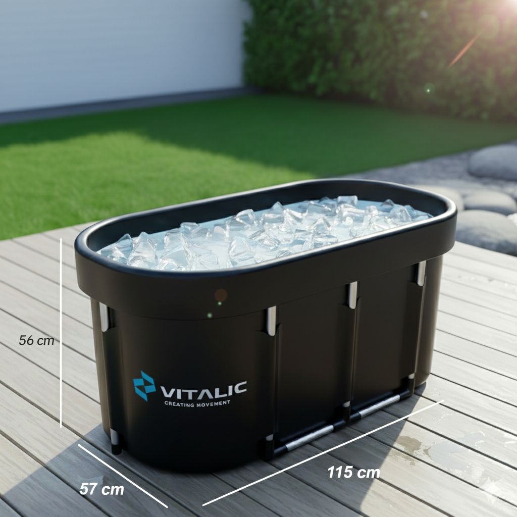 Schwarzes Eisbad mit Eiswürfeln. Maße: 115x57x56 cm. VITALIC Logo.